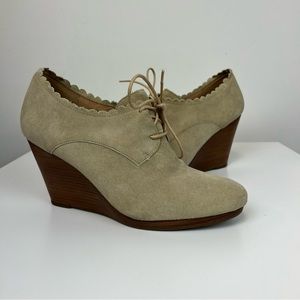 Jack Rogers Olivia Wedge Bootie Tan Suede Wooden Heel Ankle Boots size 10